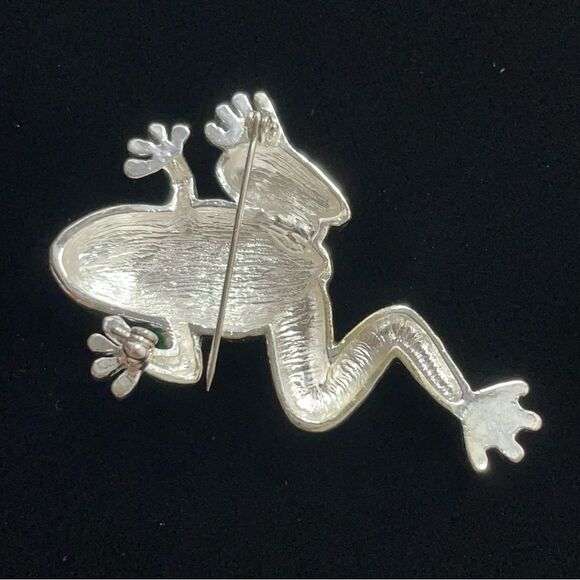 Enameled frog pin vintage silver, green, and black brooch - Picture 2 of 7